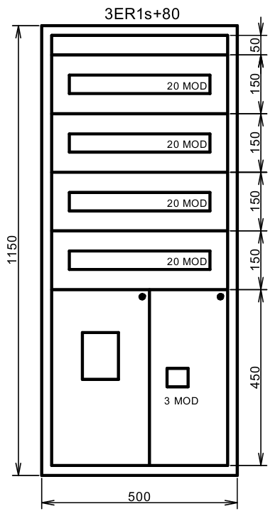 Elektroměrová rozvodnice 3ER1s+80 s podružným jištěním max. 4x20 modulů (plombované části vedle sebe na šířku skříně)